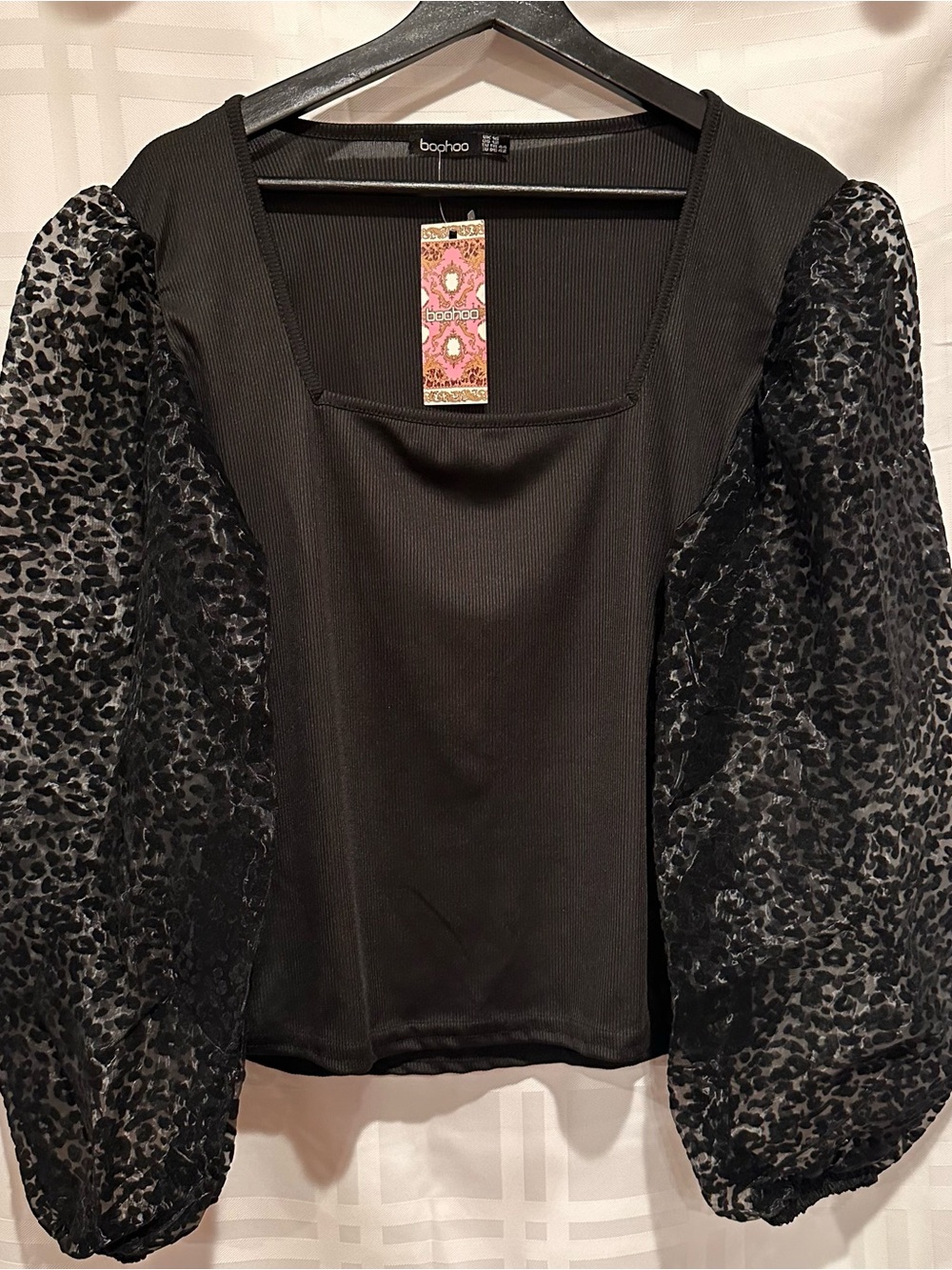 Boohoo Black Square Neck Top with Sheer Animal-Print Puff Sleeves